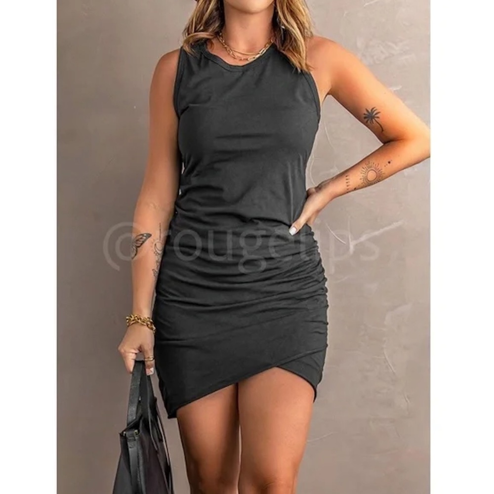 Black Mini Tank Dress Casual Ruched Overlapping Skirt Hem - Picture 4 of 7